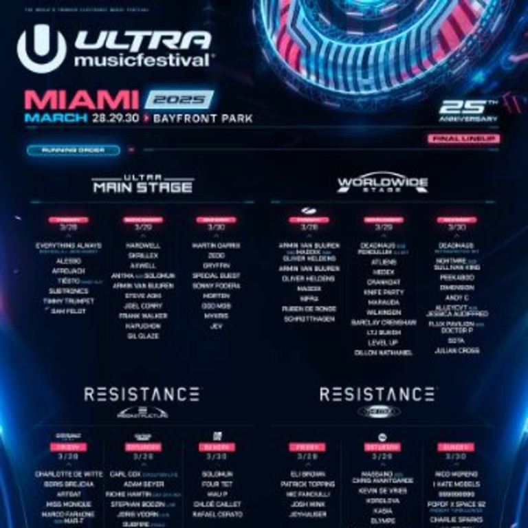 The full line-ups for the Main, Worldwide and Resistance stages across the weekend. Picture: Ultra Music Festival