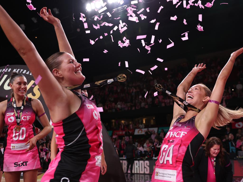 Lauren Frew (R) missed her partner Izac compete at the Paris Games – because she was winning a grand final of her own, with the Adelaide Thunderbirds. Picture: Getty