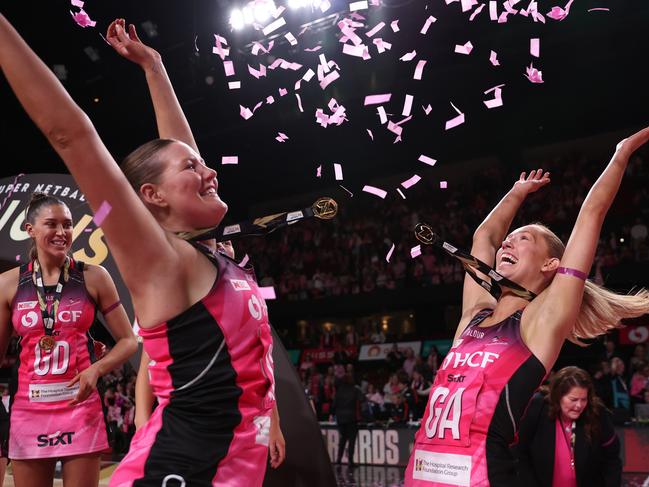 Lauren Frew (R) missed her partner Izac compete at the Paris Games – because she was winning a grand final of her own, with the Adelaide Thunderbirds. Picture: Getty
