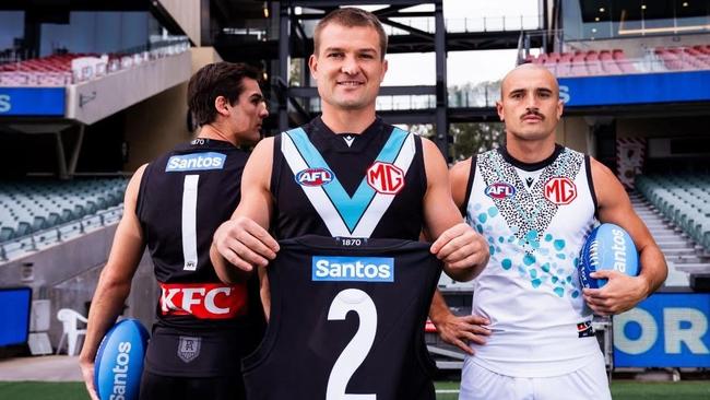 Port Adelaide players with their SANTOS sponsorship guernseys. Picture: Channel 7