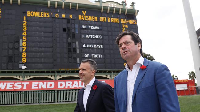 ADELAIDE, AUSTRALIA - NewsWire Photos November 11 2022: AFL CEO Gillon McLachlan and SA Premier Peter Malinauskas arrive at the Adelaide Oval for a media call. The AFL has announced South Australia will host of an extra round of footy next season, which will see all 18 teams play in the same state on the same weekend. NCA NewsWire / David Mariuz