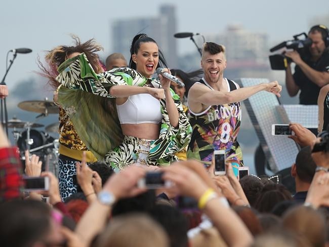  Katy Perry takes off in thecape for her super performance. Picture: Chris Pavlich