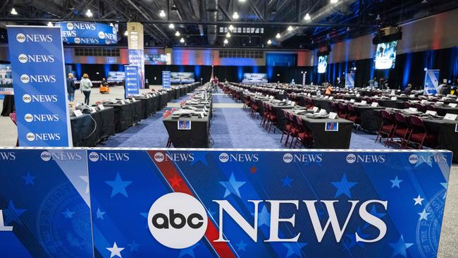 Workers complete preparations on the media filing centre and spin room for the ABC News Presidential Debate between Kamala Harris and Donald Trump, in Philadelphia, Pennsylvania. Picture: AFP.