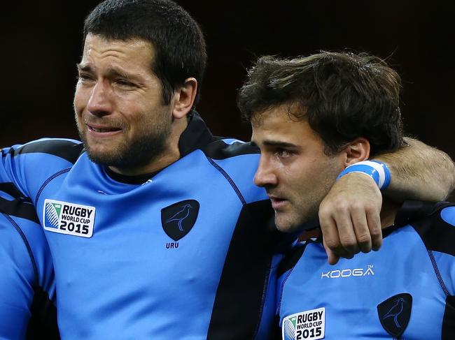 CARDIFF, WALES - SEPTEMBER 20: Francisco Bulanti of Uruguay (2R) shows his emotions during the national anthem during the 2015 Rugby World Cup Pool A match between Wales and Uruguay at the Millennium Stadium on September 20, 2015 in Cardiff, United Kingdom. (Photo by Michael Steele/Getty Images)