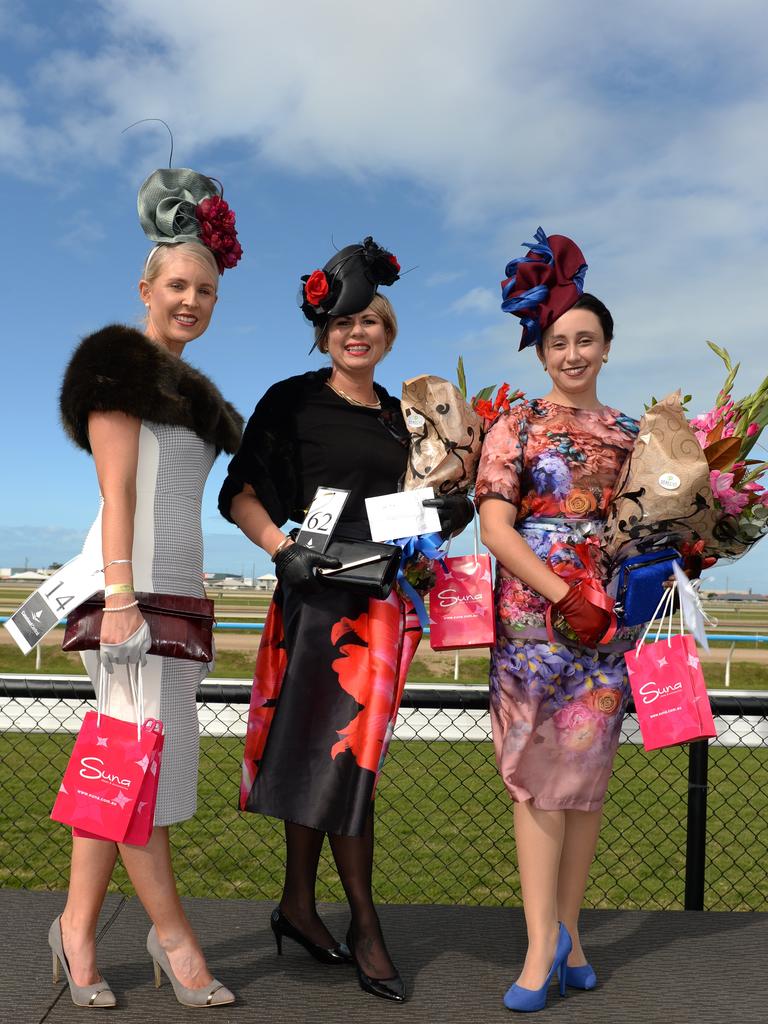 Caneland Central Fashions of the Field third place winner Laura Ridley, second place winner Amber Voss and first place winner Nicole Restelli at the Mackay Cup. Picture: Lee Constable / Daily Mercury