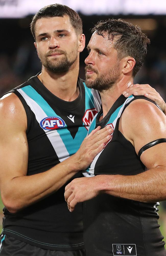 Ryan Burton and Travis Boak react on the final siren. Picture: Getty Images