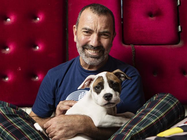 24/04/2019: Musician Paul Mac with his dog George Michael at his home studio ahead of release of his album 'Mesmerism'. Outside of his extensive solo career, Mac is a trusted collaborator, having worked with some of AustraliaÕs biggest names in music including Sia, Kylie Minogue, Ngaiire and Daniel Johns, who he released an album with under the moniker, The Dissociatives. Most recently stepping into a composition role, scoring for Australian film, TV and theatre pieces, including Sydney Theatre Company & Nakkiah LuiÕs How To Rule The World and his own theatre show at this yearÕs Sydney Gay and Lesbian Mardi Gras, The Rise and Fall of St George. Hollie Adams/The Australian