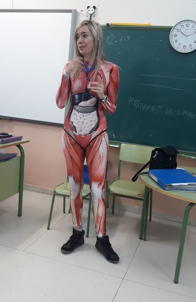 Teacher goes viral for wearing skin-tight anatomy bodysuit to