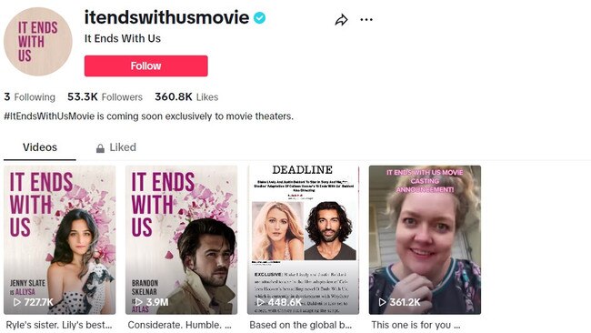 TikTok page for It Ends With US movie. Picture: TikTok