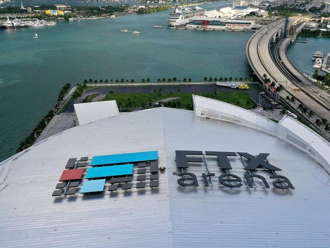 MIAMI, FLORIDA - NOVEMBER 18: In an aerial view, the FTX Arena, which the Miami Heat call home on November 18, 2022 in Miami, Florida. Fallout continues after the cryptocurrency firm FTX filed for Chapter 11 bankruptcy protection. Miami-Dade County and the Miami Heat are ending their arena naming rights deal with the company.   Joe Raedle/Getty Images/AFP (Photo by JOE RAEDLE / GETTY IMAGES NORTH AMERICA / Getty Images via AFP)