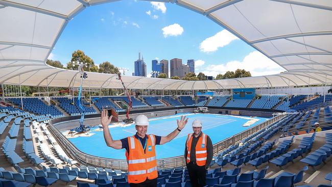 Project manager Neil Fookes and head of site operations Brant Davey inside the show court. Picture: Ian Currie