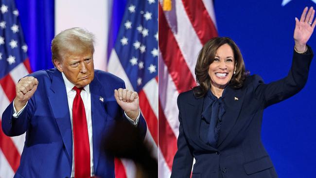 (COMBO) This combination of pictures created on September 09, 2024 shows, L-R, former US President and Republican presidential candidate Donald Trump dancing as he leaves the stage after speaking alongside former US Representative Tulsi Gabbard during a town hall meeting in La Crosse, Wisconsin, on August 29, 2024 and US Vice President and Democratic presidential candidate Kamala Harris arriving onstage to speak on the fourth and last day of the Democratic National Convention (DNC) at the United Center in Chicago, Illinois, on August 22, 2024. Harris and Trump made their final preparations on Monday, September 9, on the eve of their first -- and possibly only -- televised debate before the knife-edge 2024 US presidential election. With less than two months until election day, the face-off could be a turning point in a bitter contest between the Democratic vice president and Republican former president. (Photo by KAMIL KRZACZYNSKI and Mandel NGAN / AFP)