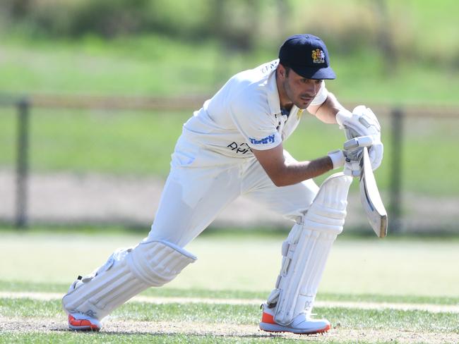 Ricky Damiano of Brighton bats during the VSDCA match between Plenty Valley and Brighton at Yarrambat War Memorial Park in Yarrambat, Saturday, January 25, 2020. (Photo/Julian Smith)