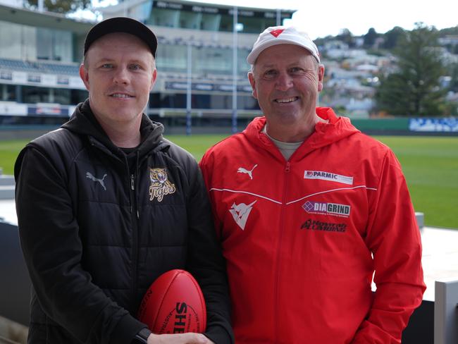 Kingborough's men's Trent Baumeler and Clarence's men's coach Grant Fagan preview their clash for the SFL Premier League. Picture: Jacob Doole