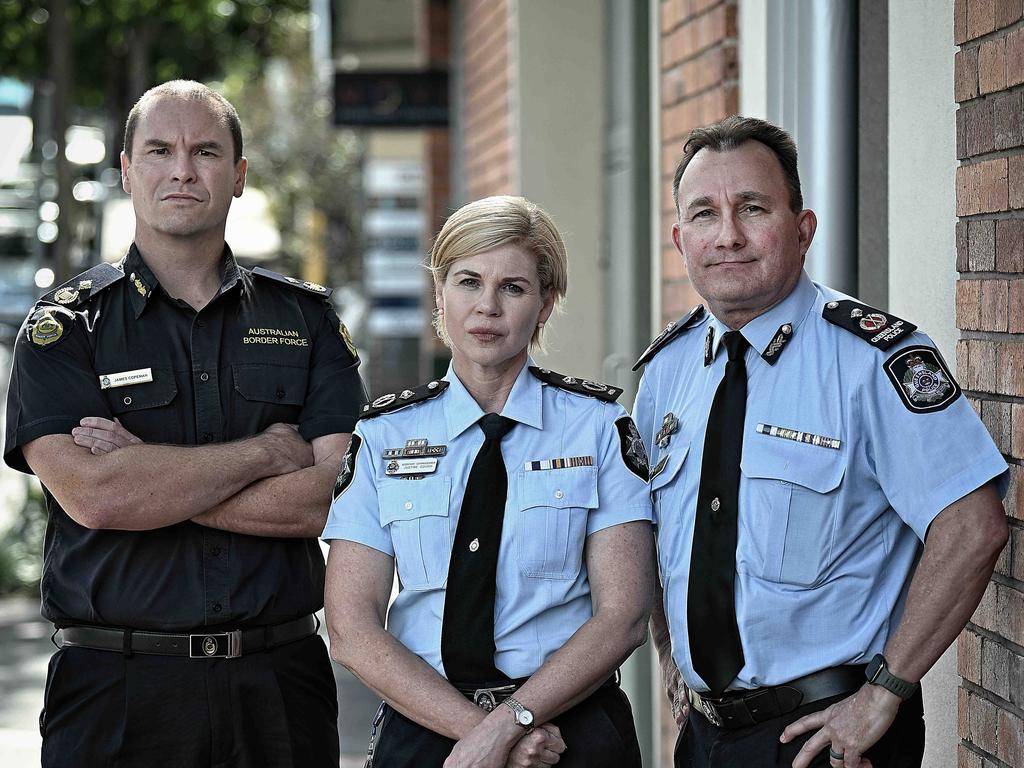 Australian Border Force Northern Assistant Commissioner James Copeman, Australian Federal Police Northern Commander Assistant Commissioner Justine Gough and Queensland Police Service acting deputy commissioner Brian Connors. Picture: Lyndon Mechielsen / Courier Mail