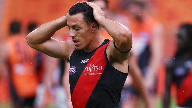 Essendon recruit Dylan Shiel didn’t have a happy time against his former club. Picture: Phil Hillyard