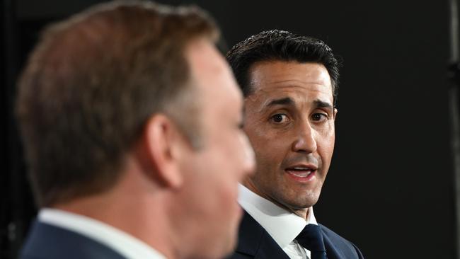 Premier Steven Miles and LNP leader David Crisafulli during the Sky News and The Courier Mail People’s Forum at Suncorp Stadium, Brisbane. pic: Lyndon Mechielsen/Courier Mail.