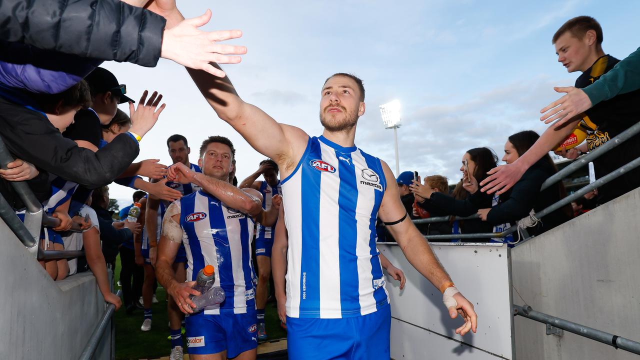 HOBART, AUSTRALIA - AUGUST 26: Ben McKay of the Kangaroos leaves the field during the 2023 AFL Round 24 match between the North Melbourne Kangaroos and the Gold Coast SUNS at Blundstone Arena on August 26, 2023 in Hobart, Australia. (Photo by Dylan Burns/AFL Photos via Getty Images)