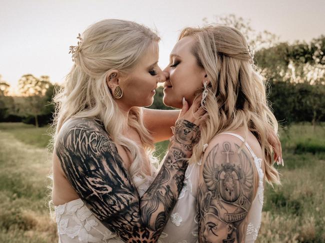 Bec Sumsion and Claudia Jones are now married after finding each other on Tinder. Picture: Supplied