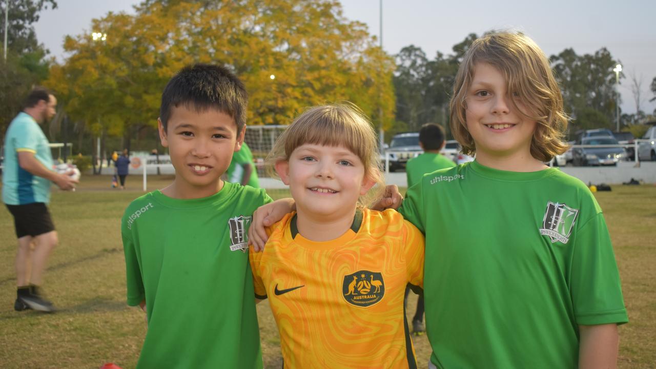 Seb Palazzo-Orr, Lucia Palazzo-Orr and Makus Bachmayer from Ipswich Knights Soccer Club training before the Matildas vs England semi-final clash in Ipswich. Photos by Georgie Walker.