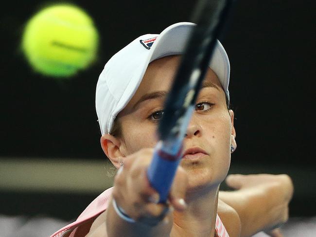 Australian Open Tennis. Day 9. Petra Kvitova vs Ash Barty.   Ash Barty stretchers for a backhand 2nd set   . Pic: Michael Klein