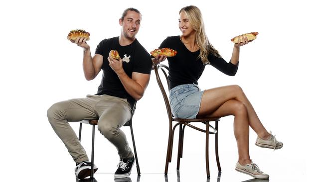 World record holding hotdog eater Jesse Freeman and his girlfriend Kira Rodionov prepare for the taste test. Picture: Sam Ruttyn