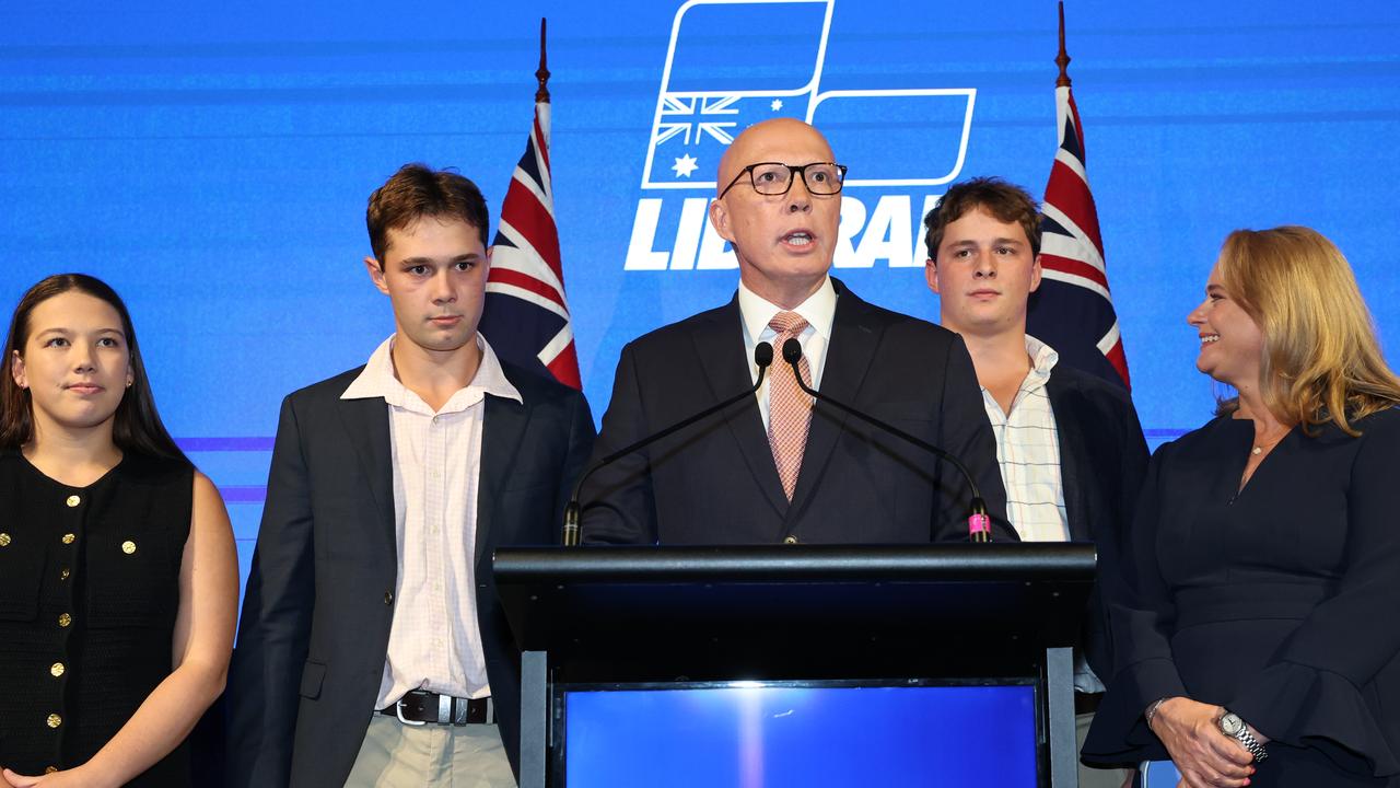 Peter Dutton was flanked by his family, Bec, Tom and Harry and wife Kirilly, in making his concession speech. Picture: Adam Head / NewsWire