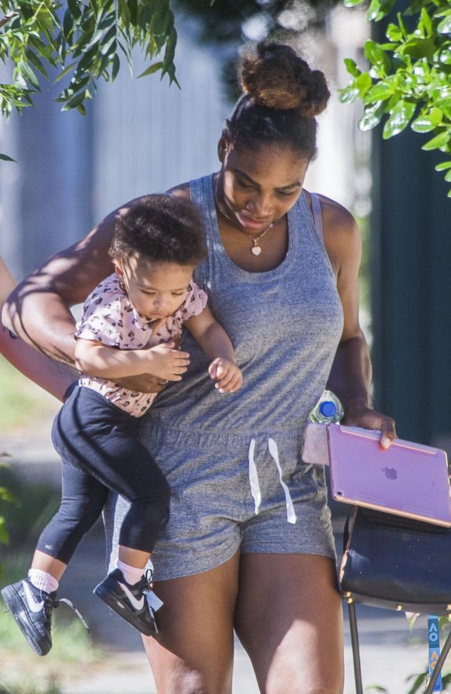 Serena Williams carries daughter Alexia Olympia, 1. Picture: Media Mode