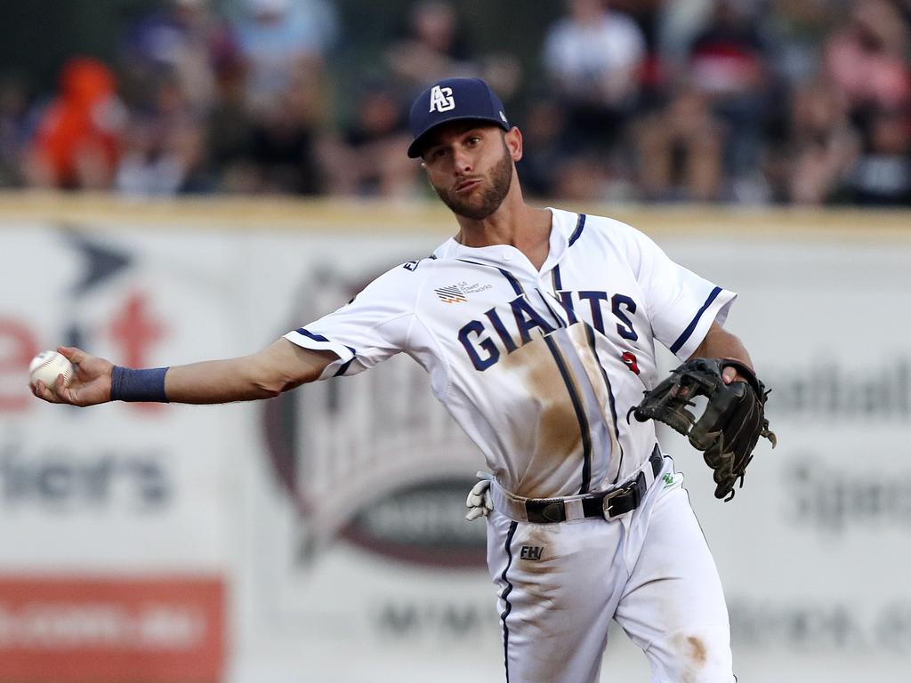 Australian Baseball League Championship series - GAME 2 - Adelaide Giants v Melbourne Aces at Active Displays Stadium, West Beach .Mikey Reynolds throws to first for the out Picture SARAH REED