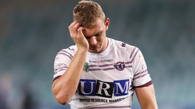 Manly's Tom Trbojevic had a tough time against the Roosters at Allianz Stadium. Picture: Brett Costello