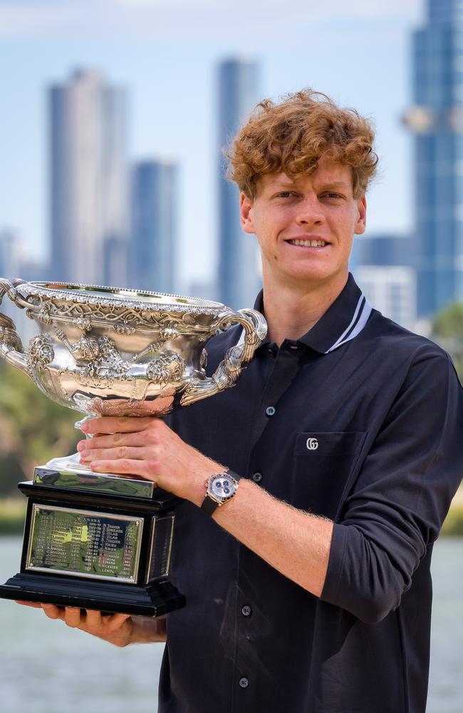 Sinner with the second of his Australian Open titles in Melbourne. Picture: Andy Cheung/Getty Images