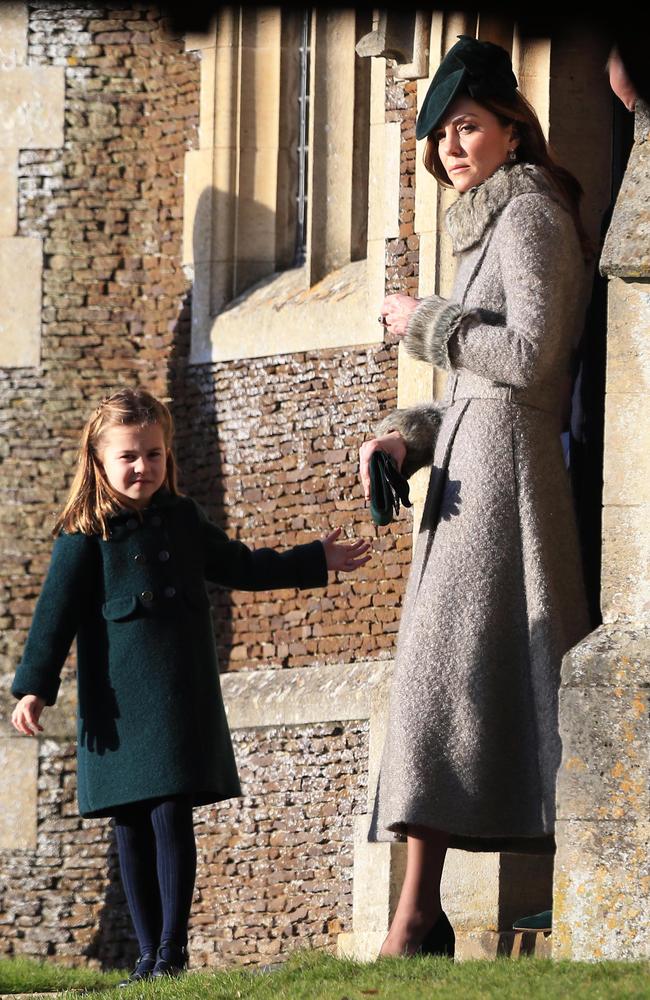 Catherine, Duchess of Cambridge and Princess Charlotte leave after attending the Christmas Day Church service at Church of St Mary Magdalene. Picture: Stephen Pond/Getty Images