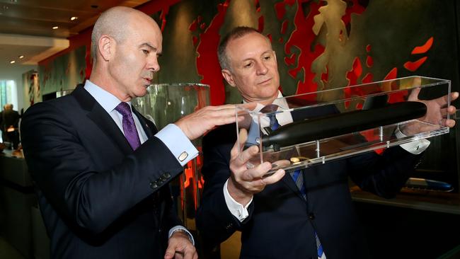 Defence SA chief executive Andy Keough and State Premier Jay Weatherill visit the DCNS headquarters in Paris days after the French company was chosen as the builder for 12 submarines in Adelaide. Picture: Calum Robertson