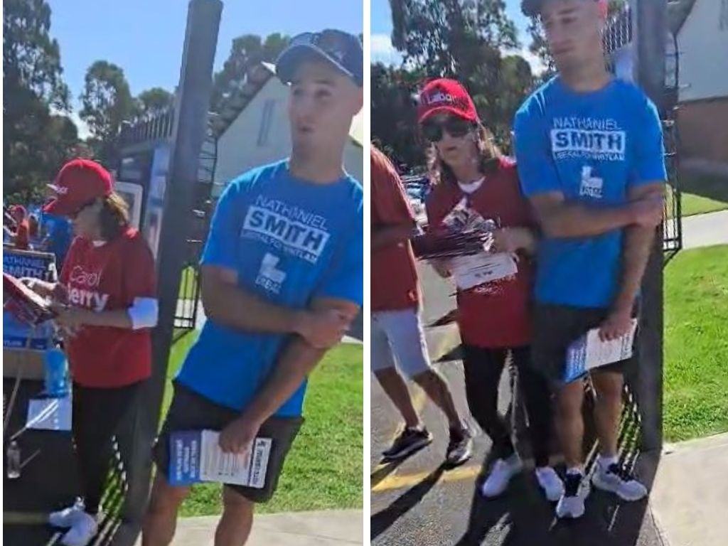 NSW Labor MP Anna Watson (left, in red) claimed to have tripped after pushing a young Liberal volunteer (right, in blue) out of her “spot”