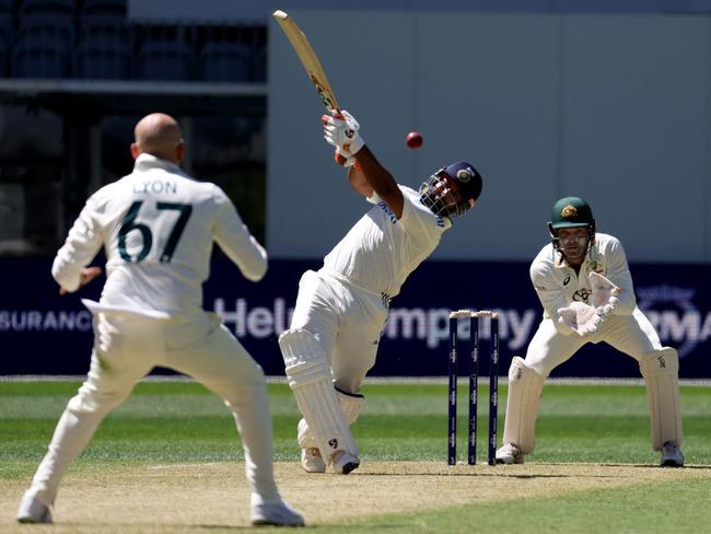 Rishabh Pant hits out off Nathan Lyon’s bowling in Perth. Picture: Colin Murty.