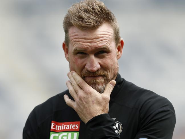 GEELONG, AUSTRALIA - FEBRUARY 26: Nathan Buckley, Senior Coach of the Magpies looks on before the AFL Practice Match between the Geelong Cats and the Collingwood Magpies at GMHBA Stadium on February 26, 2021 in Geelong, Australia. (Photo by Darrian Traynor/Getty Images)