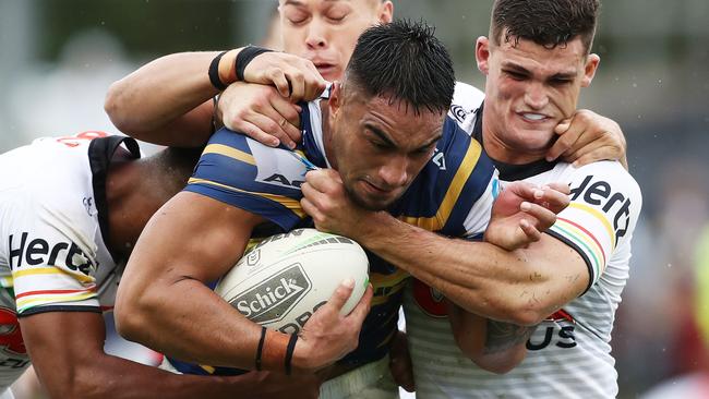 Marata Niukore on the charge for the Eels. Picture: Getty Images