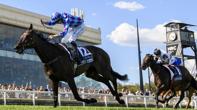 Pride Of Jenni defeating Mr Brightside in the All-Star Mile in March. Picture: Vince Caligiuri/Getty Images