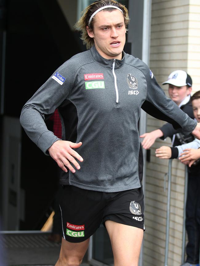 Collingwood's Darcy Moore heads out for training on Tuesday. Pic: Michael Klein