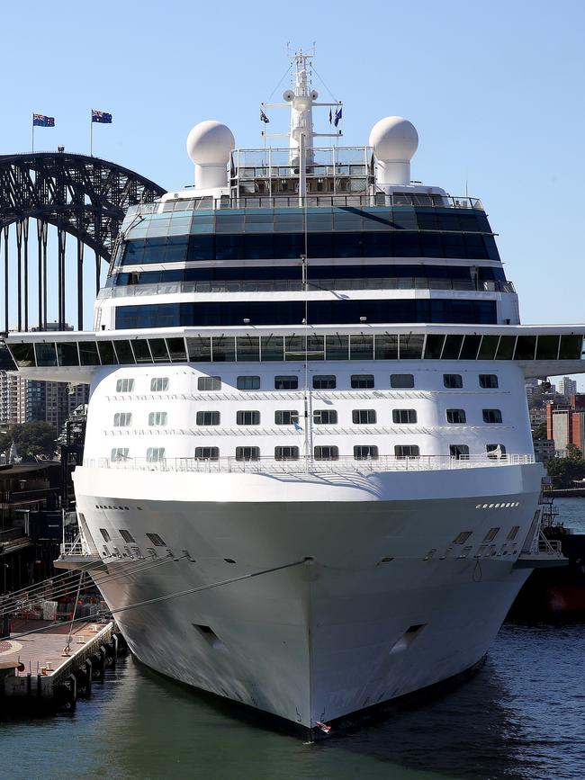 Cruise ships docked in Sydney during the coronavirus crisis continues. The Celebrity Solstice docked at Circular Quay. Picture: Toby Zerna