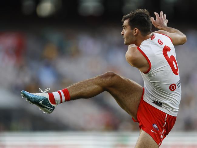 Sydney’s Logan McDonald kicks a first quarter goal. Picture: Michael Klein