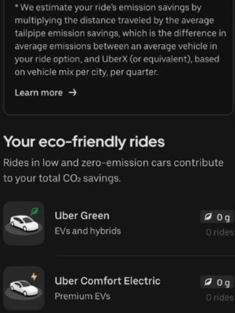 The feature allows riders to see an estimation of the CO₂ emissions they saved when travelling with Uber Green and Comfort Electric. Picture: Uber