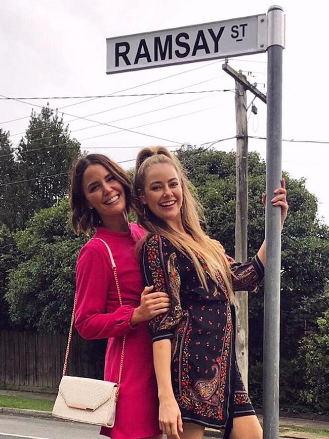 Jodi Gordon and April Rose Pengilly on the set of Neighbours. Picture: Instagram