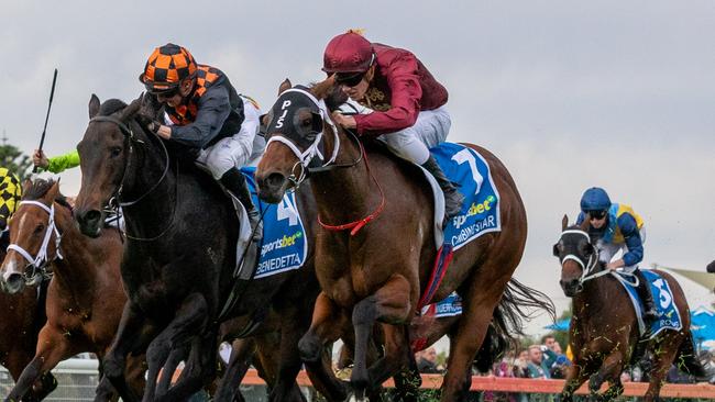 Climbing Star (right) wins the Group 1 Robert Sangster Stakes. Picture: Makoto Kaneko