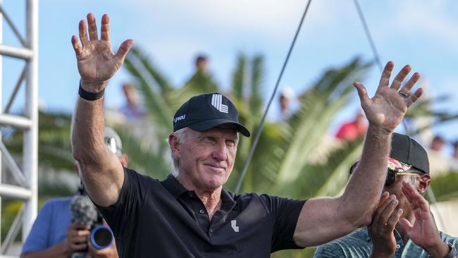 Greg Norman, CEO and commissioner of LIV Golf, waves as he is introduced to the crowd during the team championship stroke-play round of the LIV Golf Invitational – Miami. Picture: Eric Espada/Getty Images/AFP