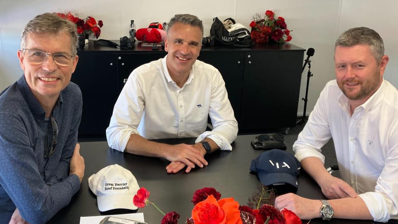University of Adelaide vice-chancellor and president Professor Peter Hoj, Premier Peter Malinauskas, University of South Australia vice-chancellor and president Professor David Lloyd meet at the South Australia Suite at the VALO Adelaide 500 in December, 2022. Picture: Paul Starick