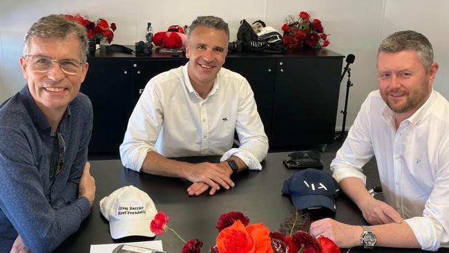 University of Adelaide vice-chancellor and president Professor Peter Hoj, Premier Peter Malinauskas, University of South Australia vice-chancellor and president Professor David Lloyd meet at the South Australia Suite at the VALO Adelaide 500 in December, 2022. Picture: Paul Starick