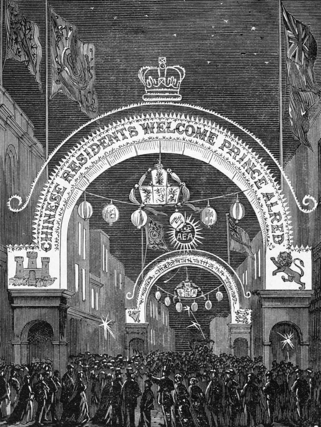 Illuminations were erected by Chinese residents in Little Bourke Street to welcome Prince Alfred. Picture: State Library Victoria.