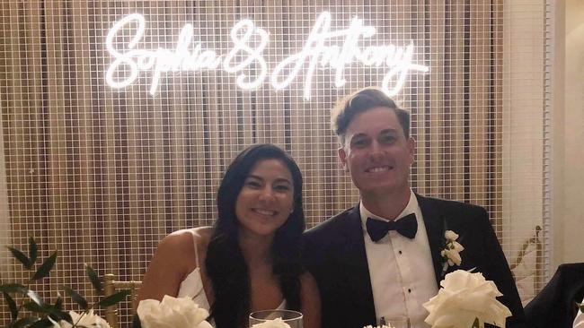 Gold Coast golfer Anthony Quayle and wife Sophia on their wedding day.