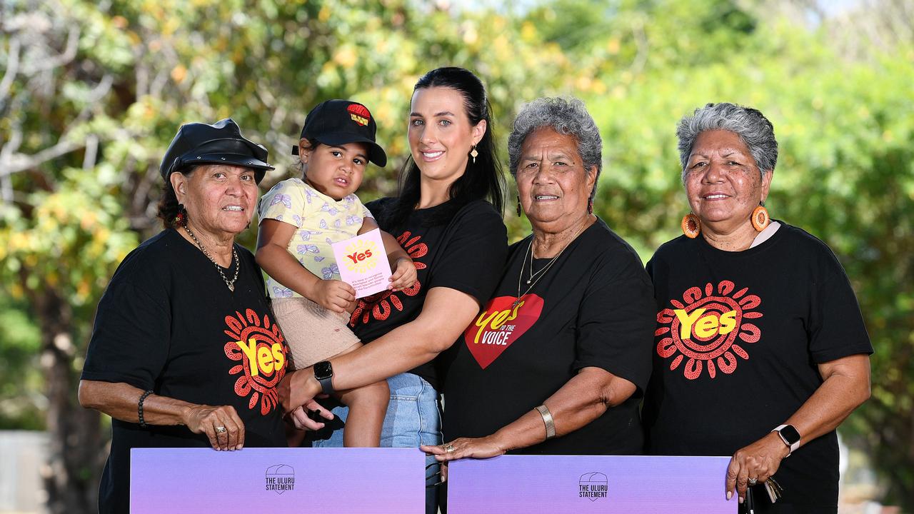 Gracelyn Smallwood, Janette Luta, 3, Maekeria Hellyer, Dorothy Savage and Florence Onus at the Aitkenvale PCYC voting booth in Townsville on Wednesday. Picture: Shae Beplate.